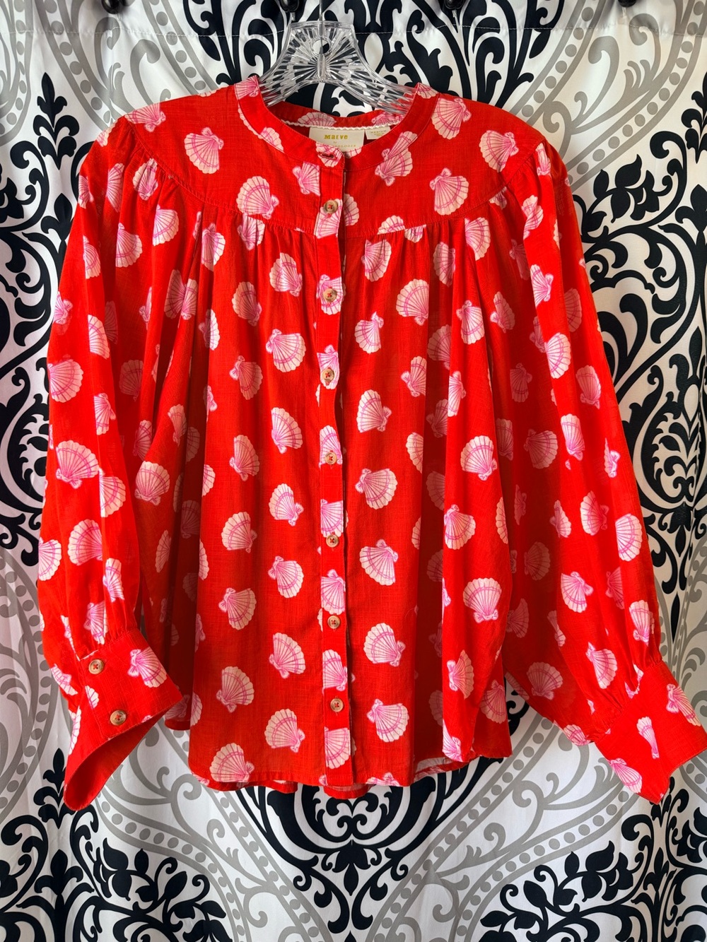 Anthropologie Red Blouse with Pink Shell Print